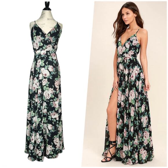 Lulus | Women | Legendary Romantic Dark Floral Chiffon Wrap Maxi Dress | Size XL - Picture 1 of 16
